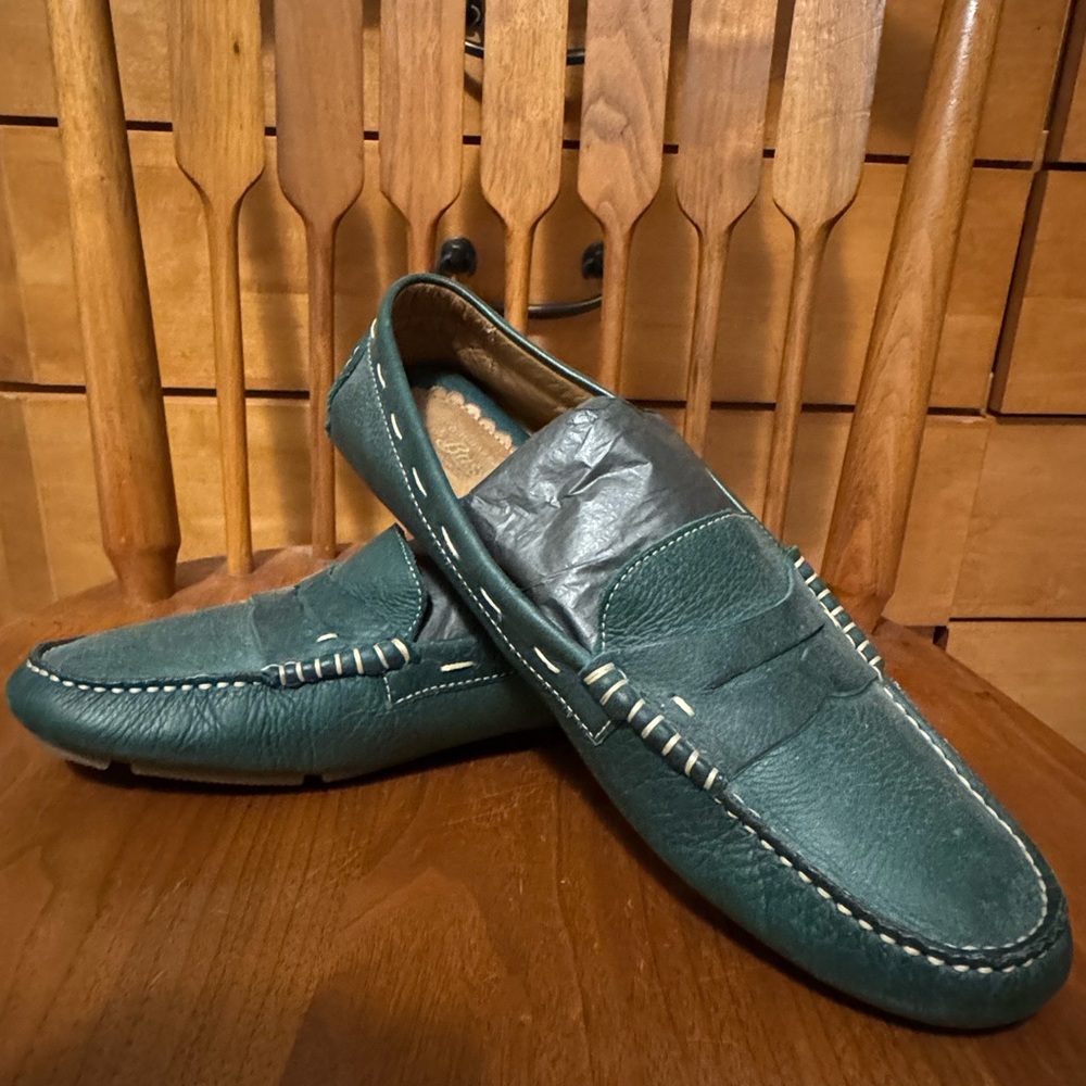 Green Leather Bass Slip-On Loafers Driving Shoes with Contrast Stitching